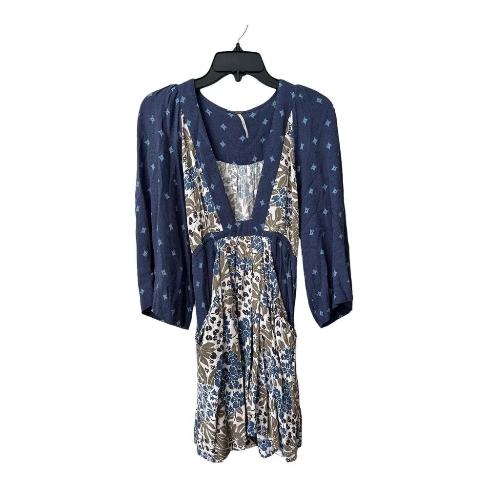 Free People Dress Womens XS Blue Floral Boho‎ Mini Babydoll Rayon Pockets V-Neck